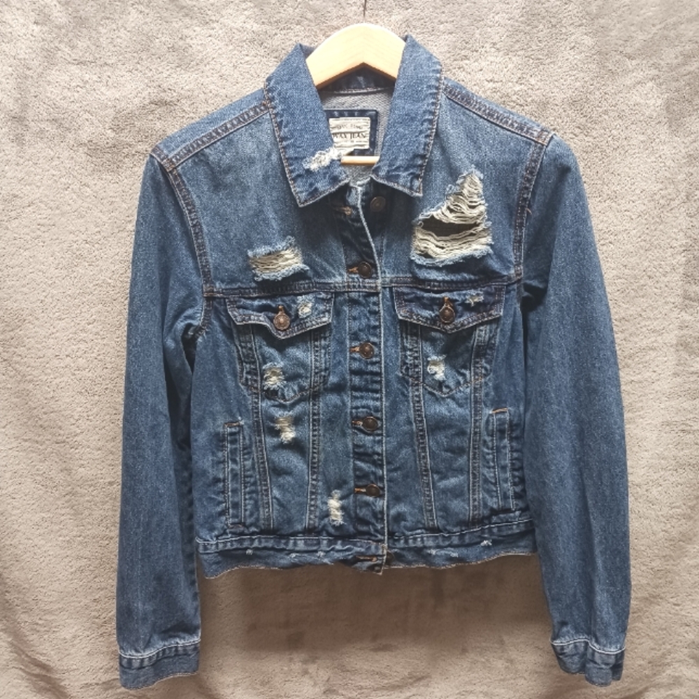 Distressed Denim Jean Jacket Sz M